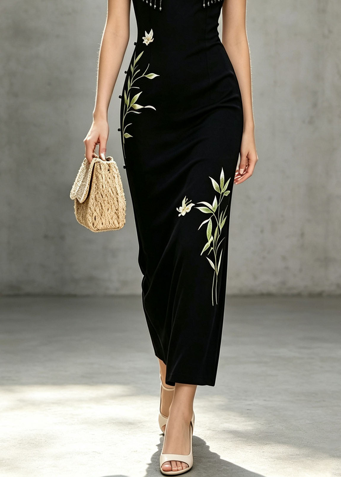 Women Black Stand Collar Tasseled Print Cotton Long Dresses Summer