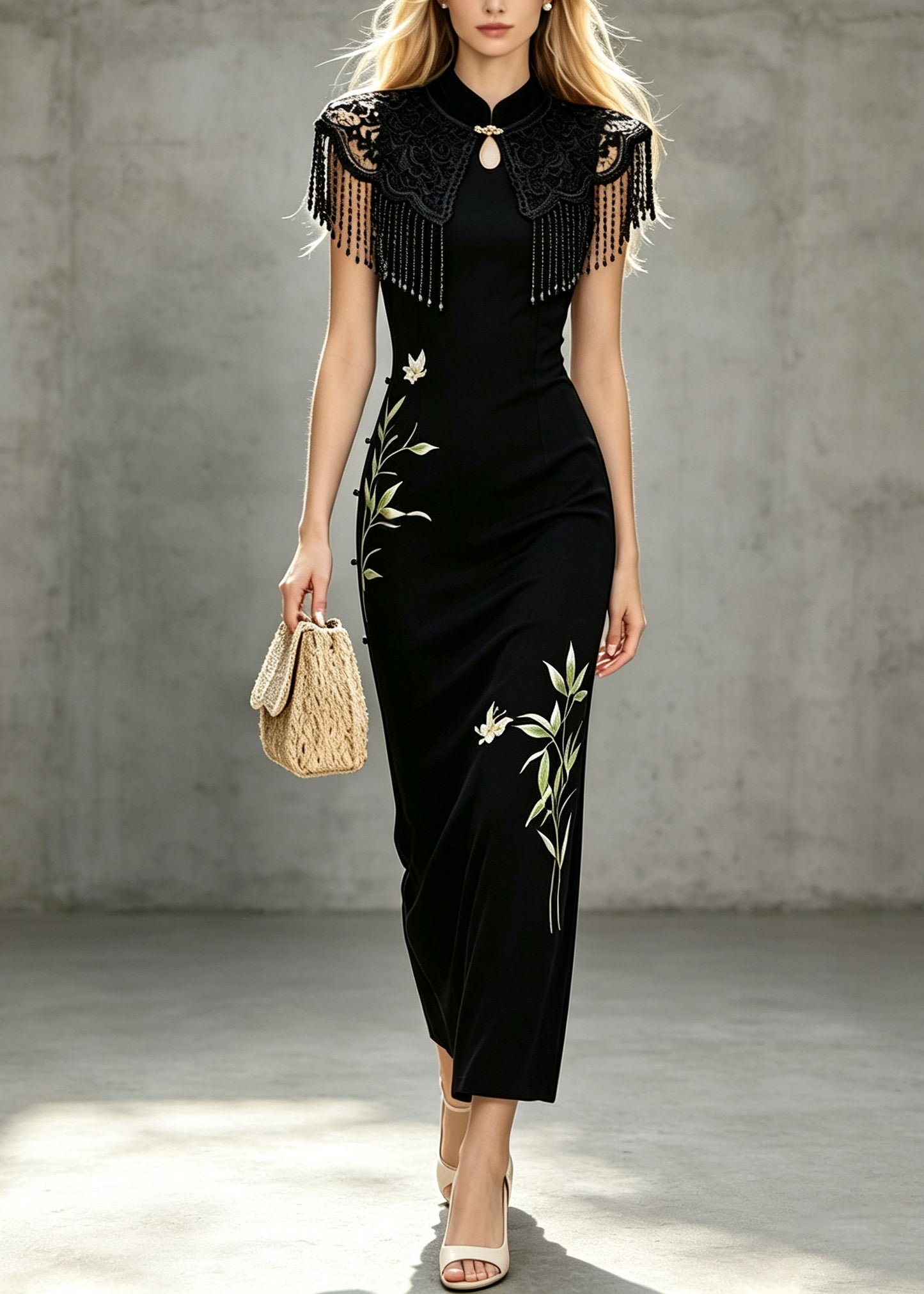 Women Black Stand Collar Tasseled Print Cotton Long Dresses Summer