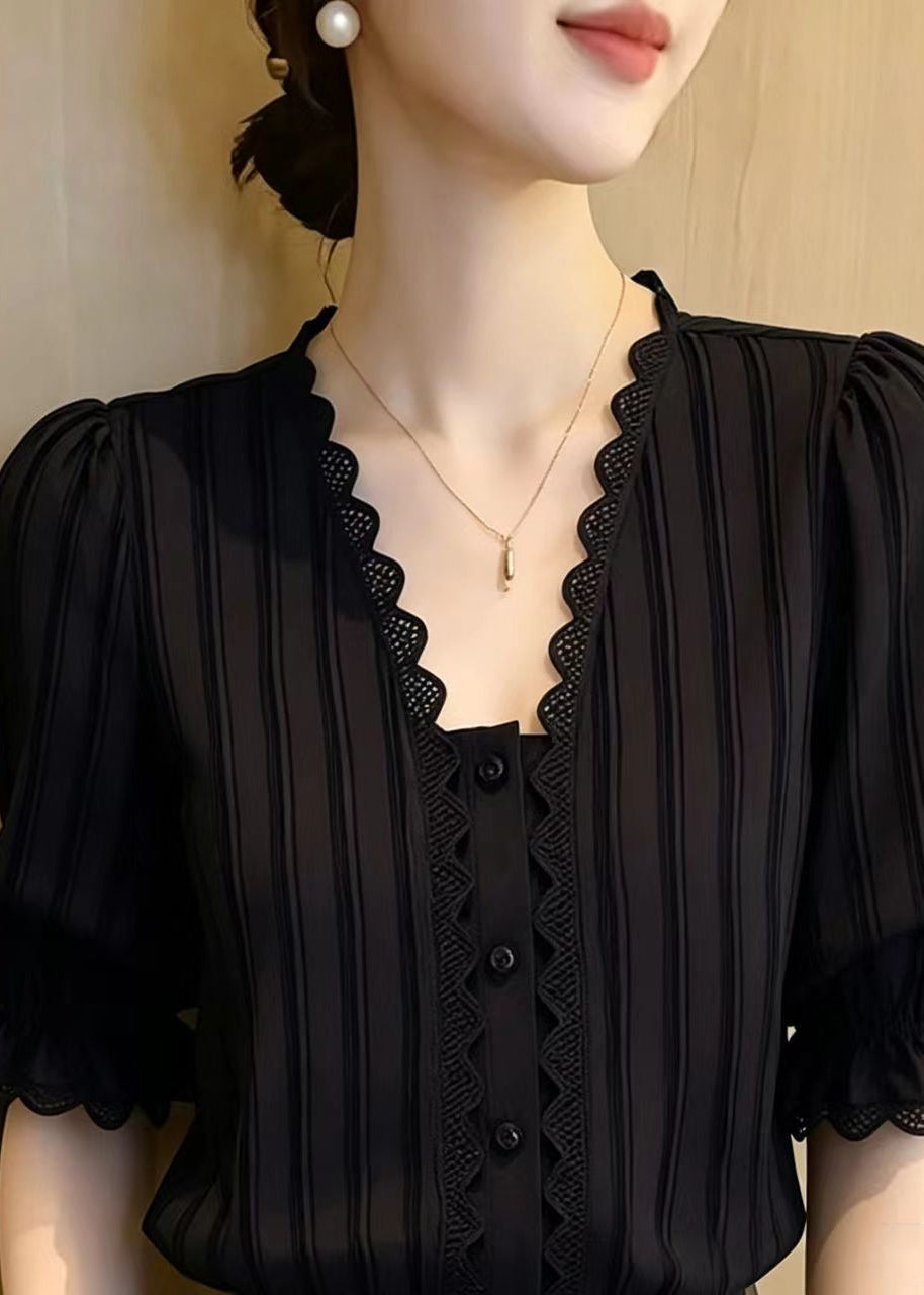 Women Black Striped Lace Patchwork Chiffon Shirts Summer