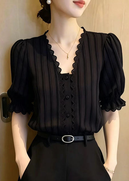 Women Black Striped Lace Patchwork Chiffon Shirts Summer