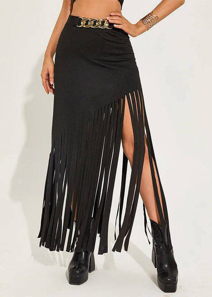 Women Black Tassel Punk Style Sexy Maxi Skirts