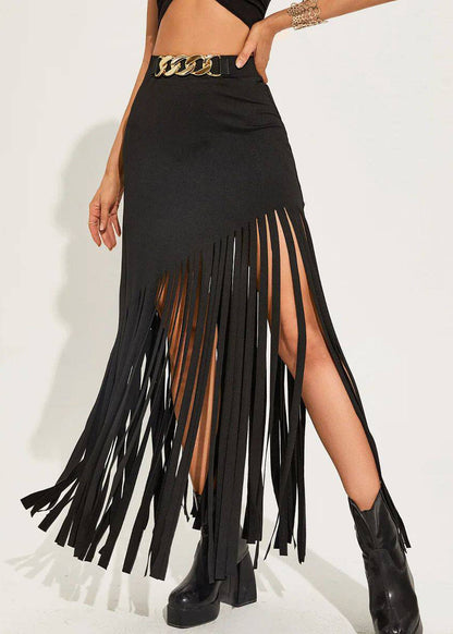Women Black Tassel Punk Style Sexy Maxi Skirts