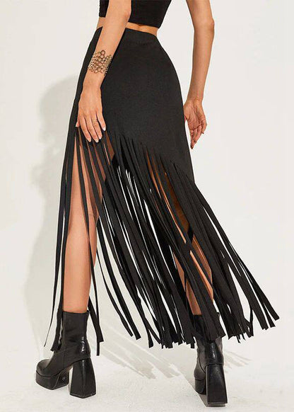 Women Black Tassel Punk Style Sexy Maxi Skirts