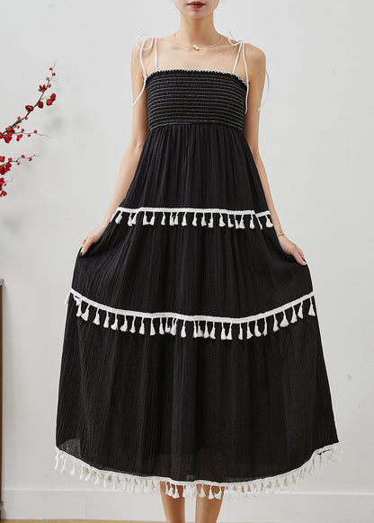 Women Black Tasseled Cotton Summer Spaghetti Strap Dress