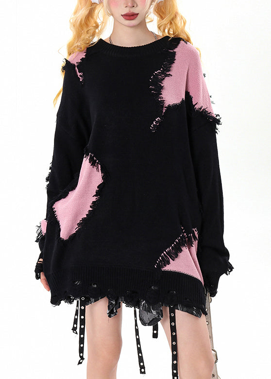 Women Black Tasseled Patchwork Hole Cozy Sweater Winter