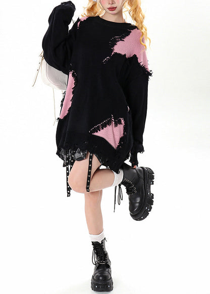 Women Black Tasseled Patchwork Hole Cozy Sweater Winter
