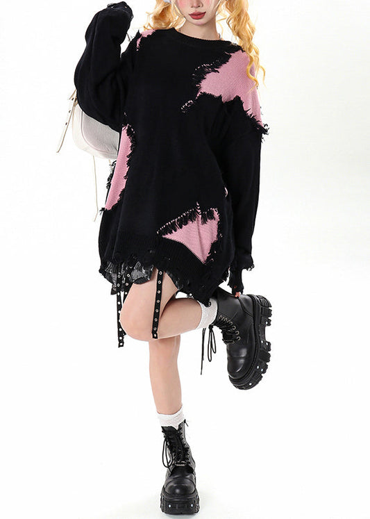 Women Black Tasseled Patchwork Hole Cozy Sweater Winter