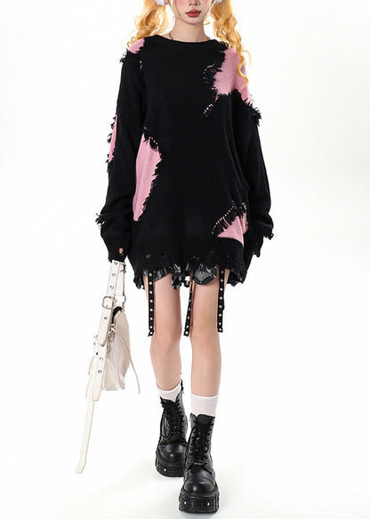 Women Black Tasseled Patchwork Hole Cozy Sweater Winter