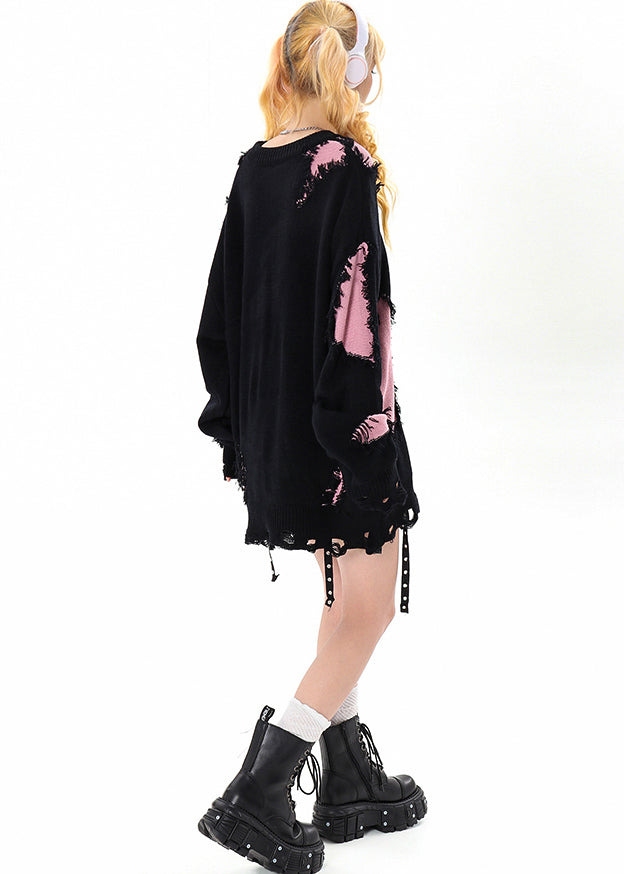 Women Black Tasseled Patchwork Hole Cozy Sweater Winter