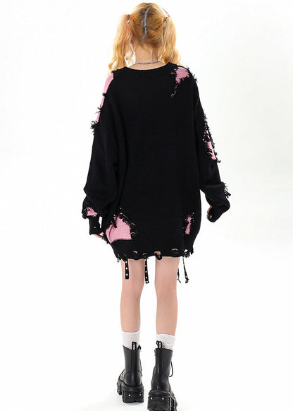 Women Black Tasseled Patchwork Hole Cozy Sweater Winter