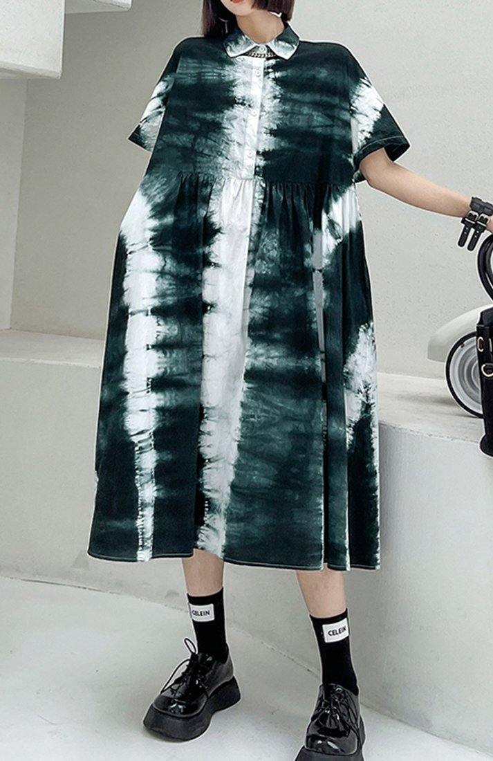 Women Black Tie Dye Cotton Turn-down Collar Summer Long Dresses - SooLinen
