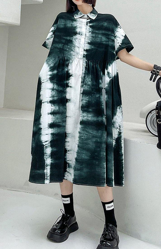 Women Black Tie Dye Cotton Turn-down Collar Summer Long Dresses - SooLinen