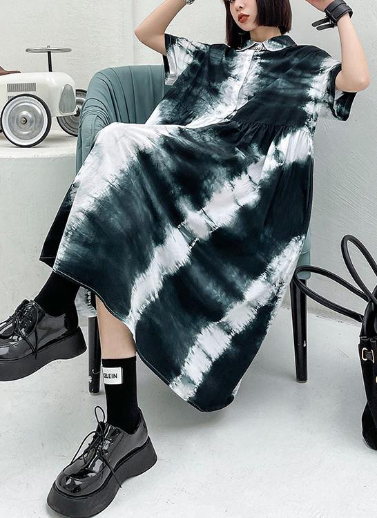 Women Black Tie Dye Cotton Turn-down Collar Summer Long Dresses - SooLinen