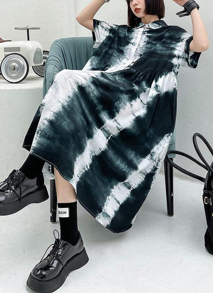 Women Black Tie Dye Cotton Turn-down Collar Summer Long Dresses - SooLinen