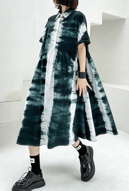Women Black Tie Dye Cotton Turn-down Collar Summer Long Dresses - SooLinen