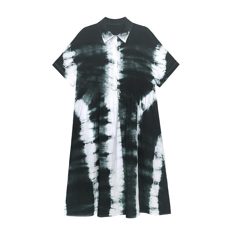 Women Black Tie Dye Cotton Turn-down Collar Summer Long Dresses - SooLinen