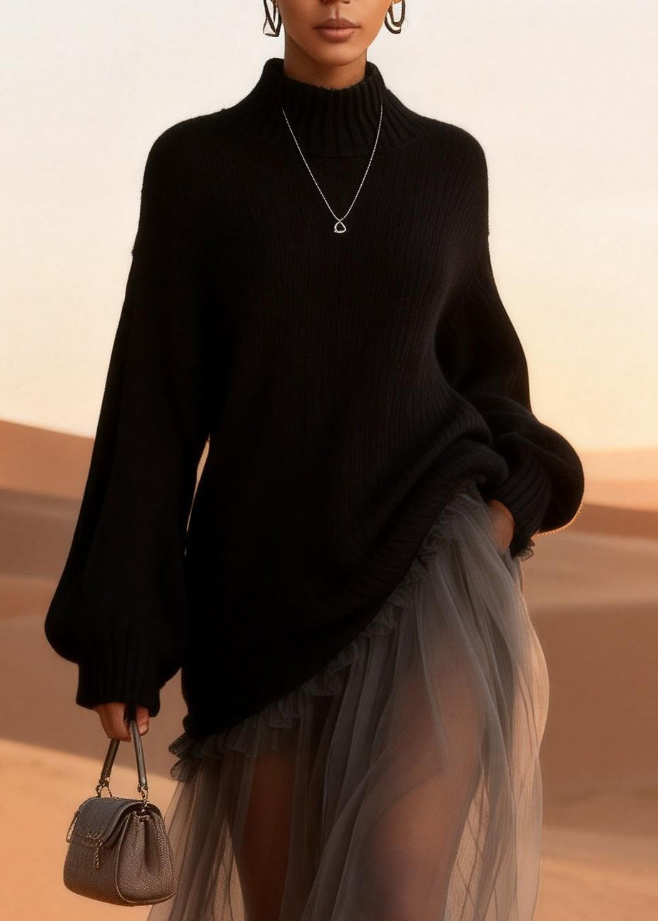 Women Black Turtleneck Knitted Cotton Patchwork Tulle Long Dresses Spring