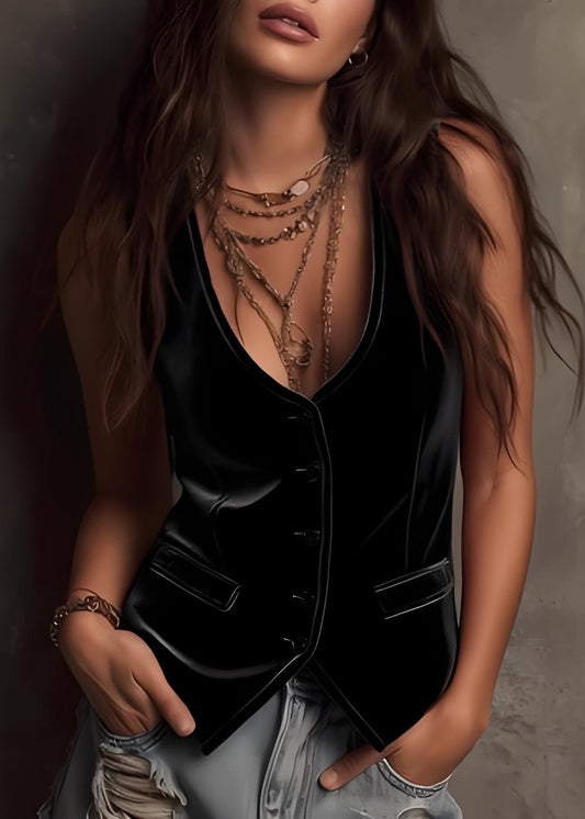 Women Black V Neck Button Patchwork Velour Vest Sleeveless