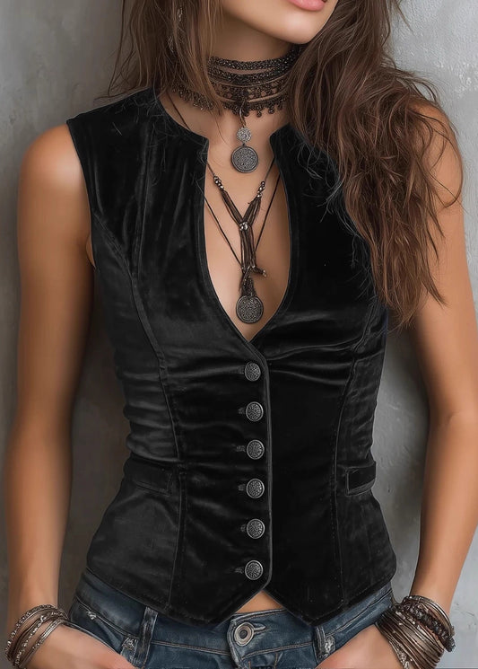 Women Black V Neck Button Patchwork Velour Vest Tops Sleeveless