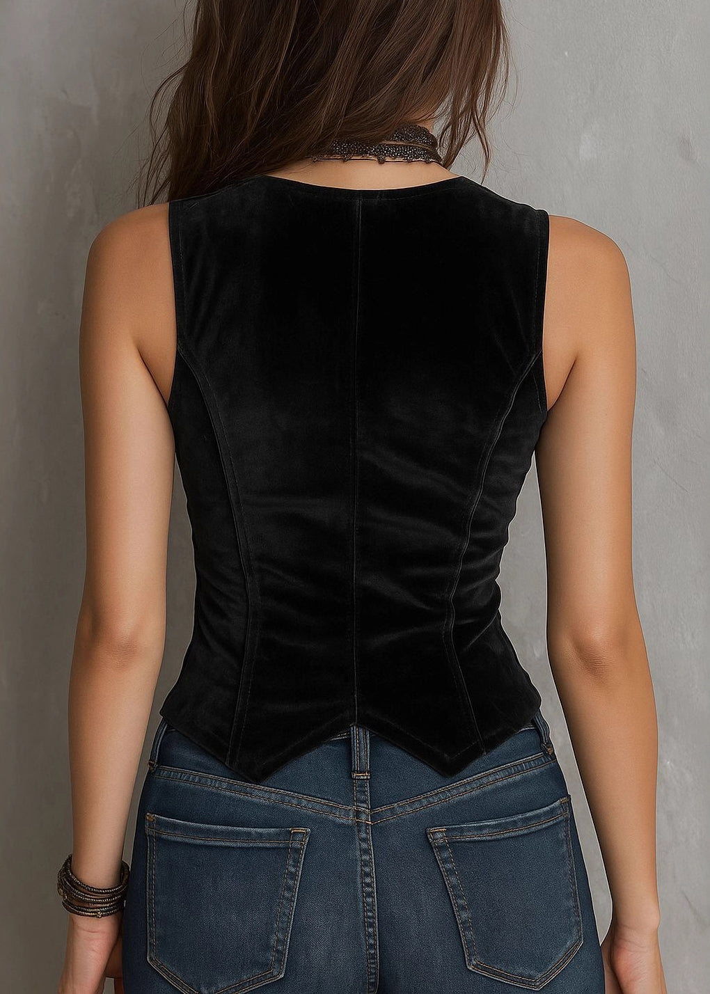 Women Black V Neck Button Patchwork Velour Vest Tops Sleeveless