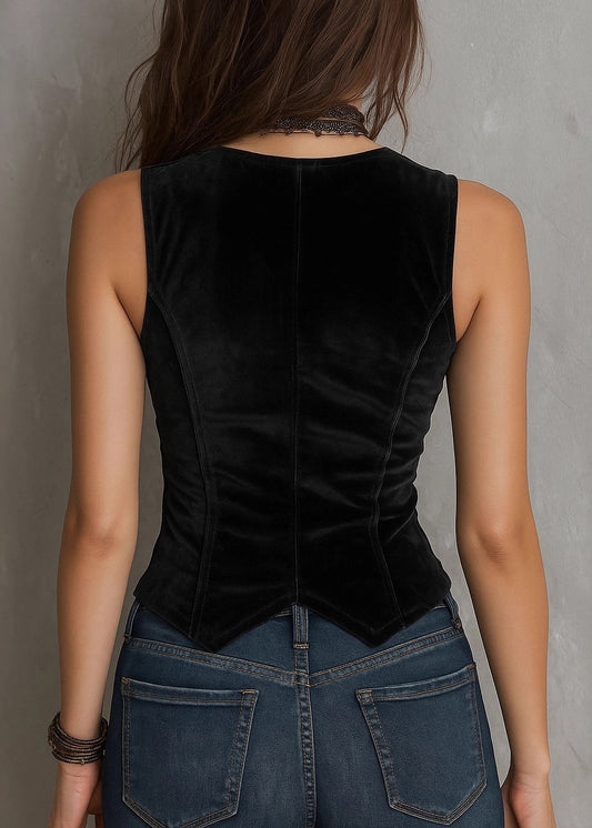 Women Black V Neck Button Patchwork Velour Vest Tops Sleeveless