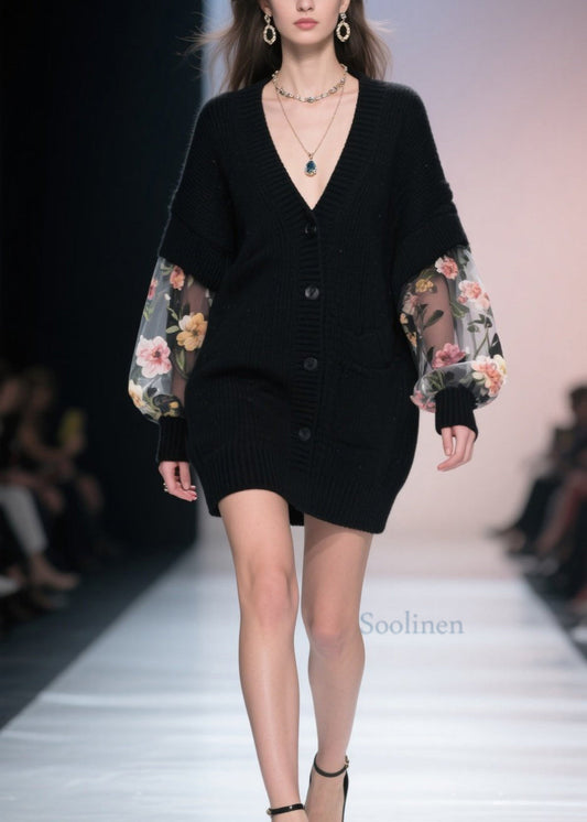 Women Black V Neck Button Tulle Patchwork Knit Loose Coat Fall