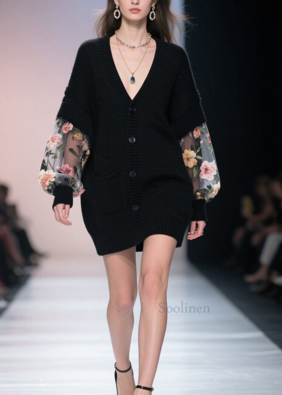 Women Black V Neck Button Tulle Patchwork Knit Loose Coat Fall