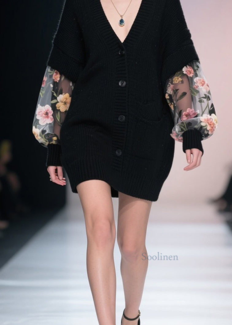 Women Black V Neck Button Tulle Patchwork Knit Loose Coat Fall