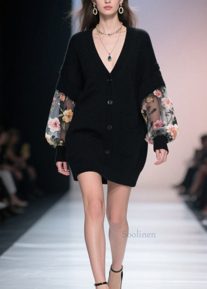 Women Black V Neck Button Tulle Patchwork Knit Loose Coat Fall