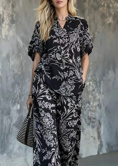 Women Black V Neck Lace Up Print Top And Wide Leg Pants Two Pieces Set Summer