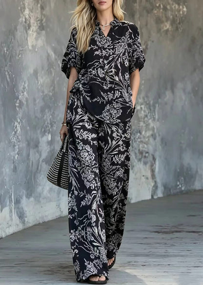 Women Black V Neck Lace Up Print Top And Wide Leg Pants Two Pieces Set Summer