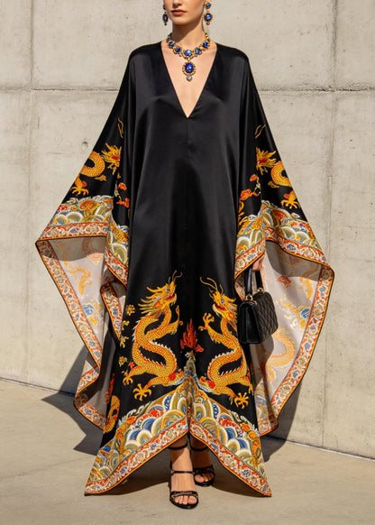 Women Black V Neck Oriental Print Chiffon Robe Dresses Batwing Sleeve