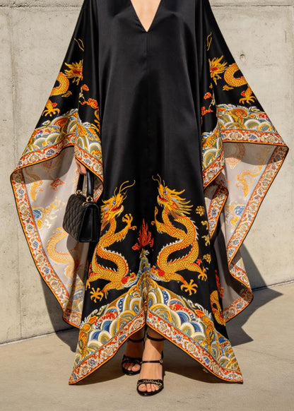 Women Black V Neck Oriental Print Chiffon Robe Dresses Batwing Sleeve