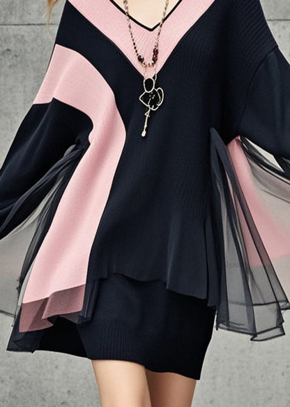 Women Black V Neck Patchwork Tulle Sweater Dress Fall
