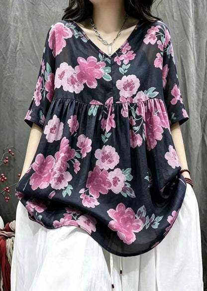 Women Black V Neck Print Babydoll Blouses Tops Summer