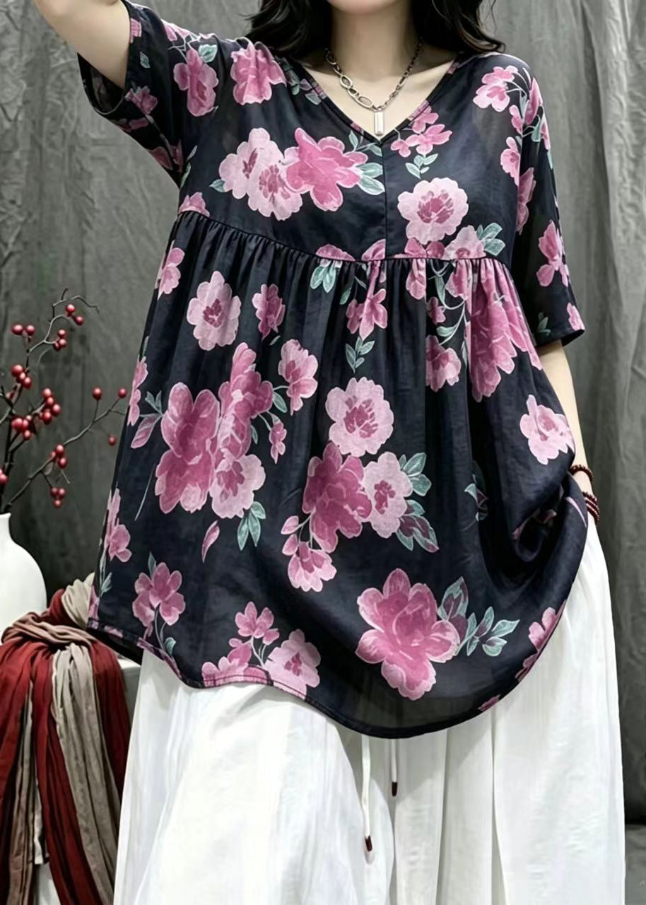 Women Black V Neck Print Babydoll Blouses Tops Summer