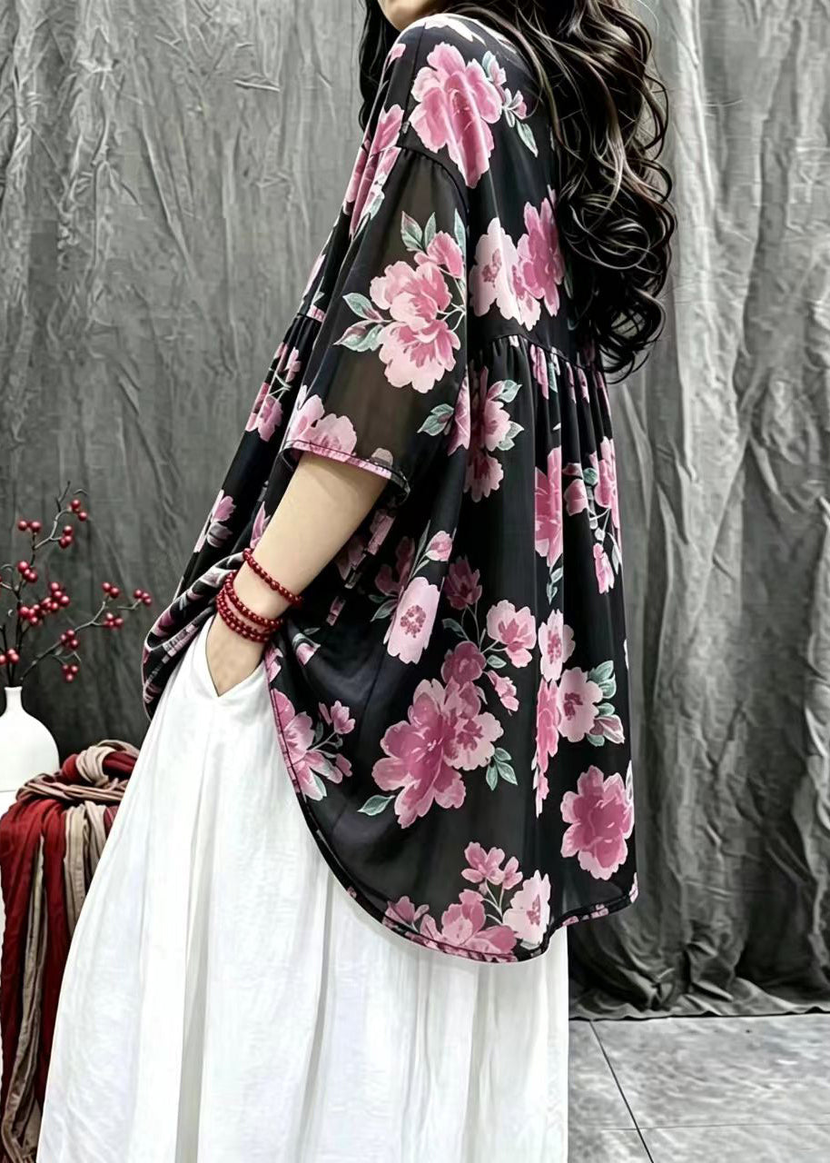 Women Black V Neck Print Babydoll Blouses Tops Summer