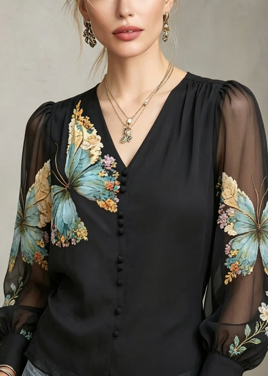 Women Black V Neck Print Patchwork Tulle Tops Fall