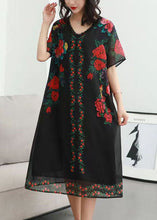 Load image into Gallery viewer, Women Black V Neck Rose Print Patchwork Chiffon Dresses Summer