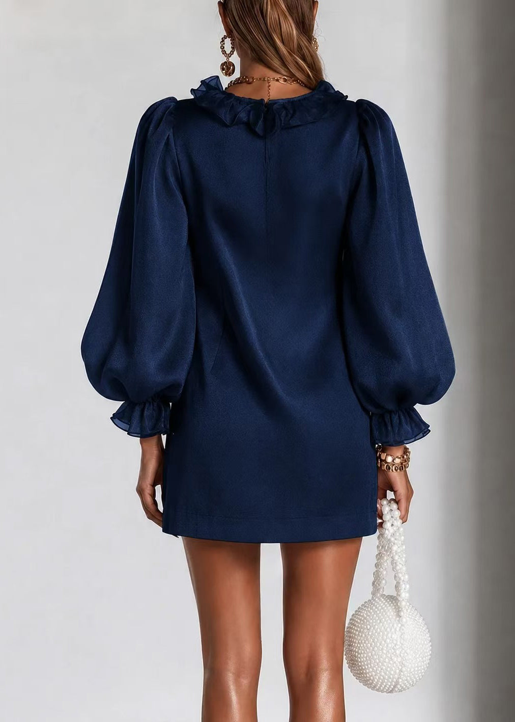 Women Black V Neck Ruffled Mini Dress Fall