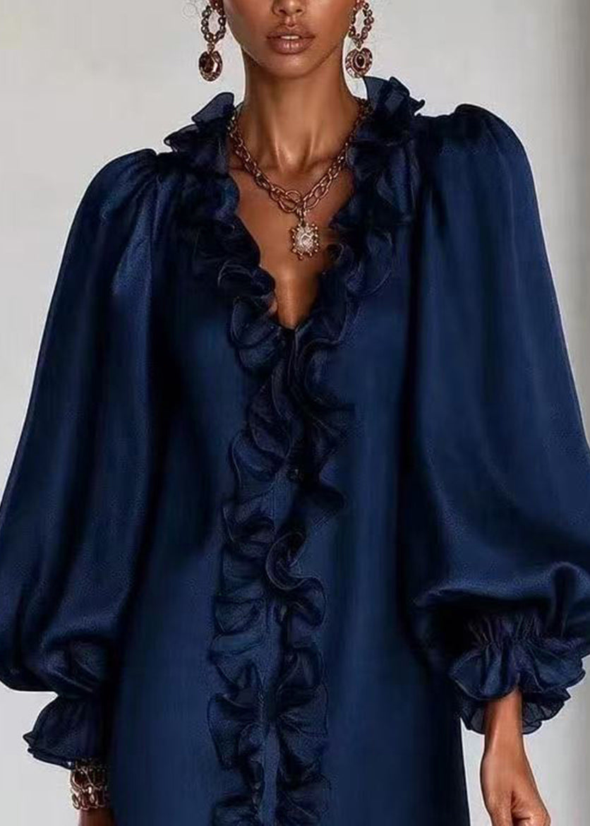 Women Black V Neck Ruffled Mini Dress Fall