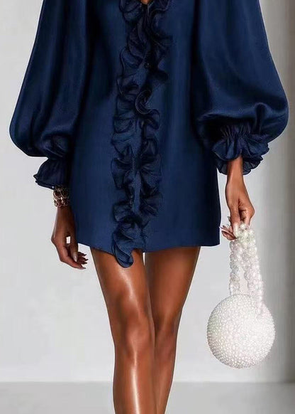 Women Black V Neck Ruffled Mini Dress Fall