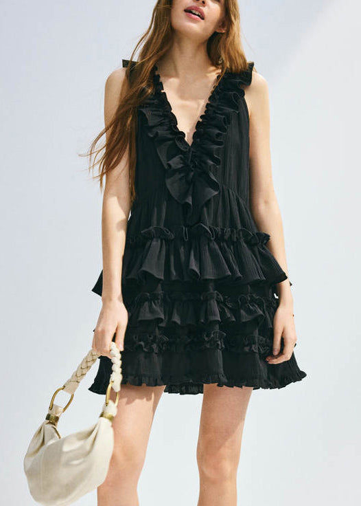 Women Black V Neck Ruffled Patchwork Cotton Dress Sleeveless
