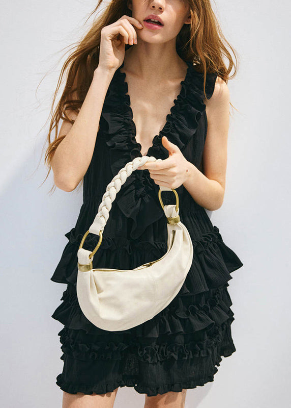 Women Black V Neck Ruffled Patchwork Cotton Dress Sleeveless