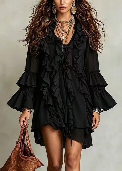 Women Black V Neck Ruffled Vacation Dress Flare Sleeve