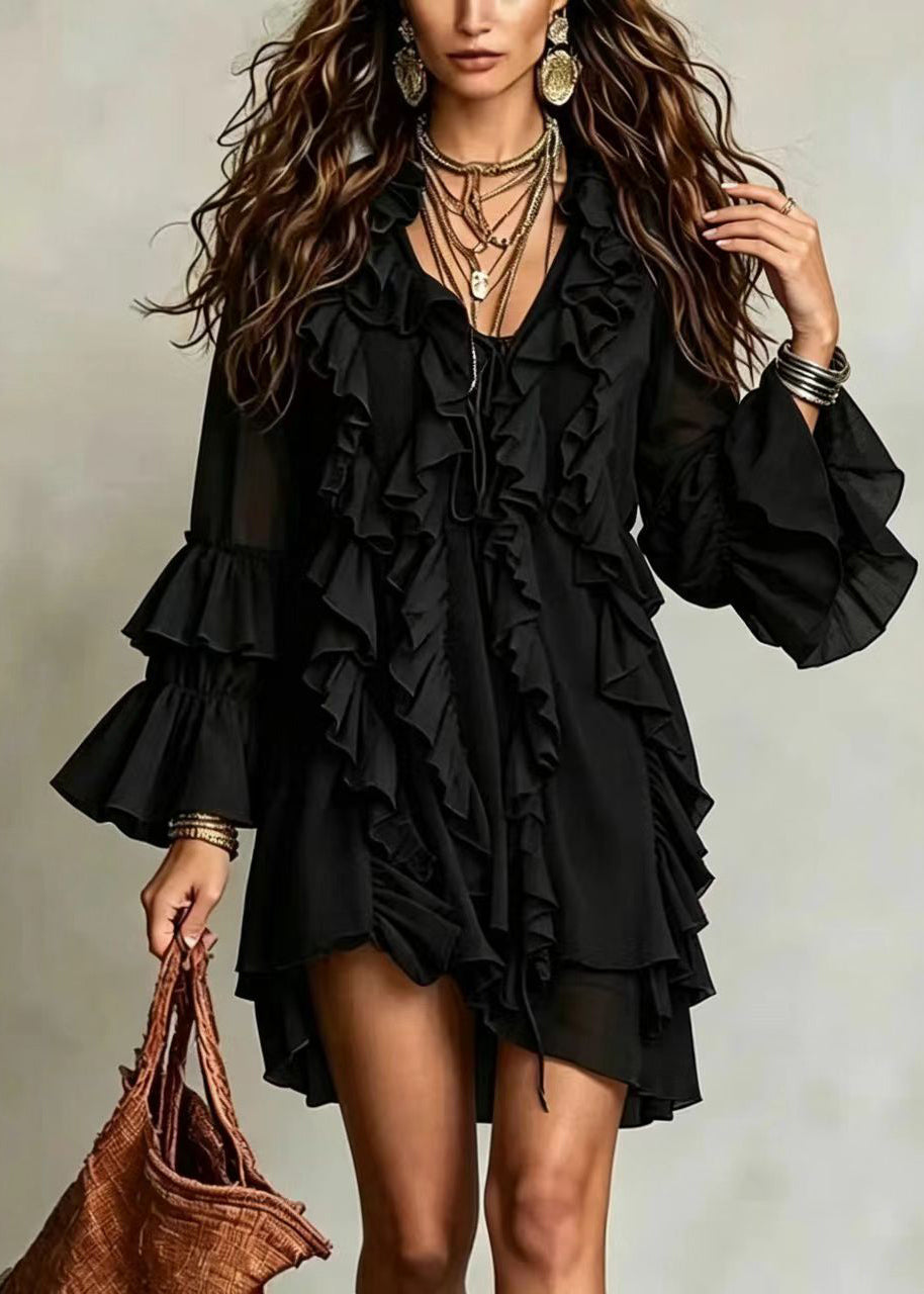 Women Black V Neck Ruffled Vacation Dress Flare Sleeve