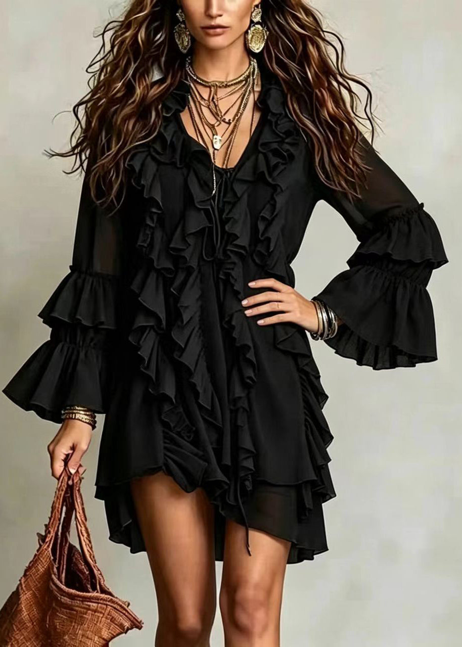 Women Black V Neck Ruffled Vacation Dress Flare Sleeve