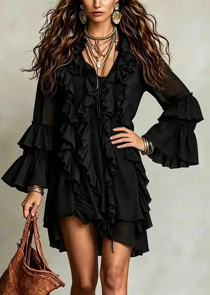 Women Black V Neck Ruffled Vacation Dress Flare Sleeve
