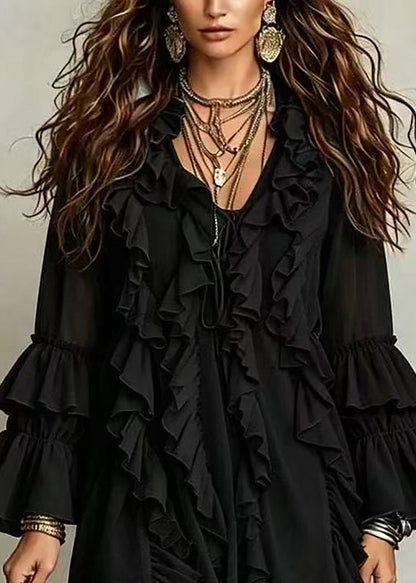 Women Black V Neck Ruffled Vacation Dress Flare Sleeve