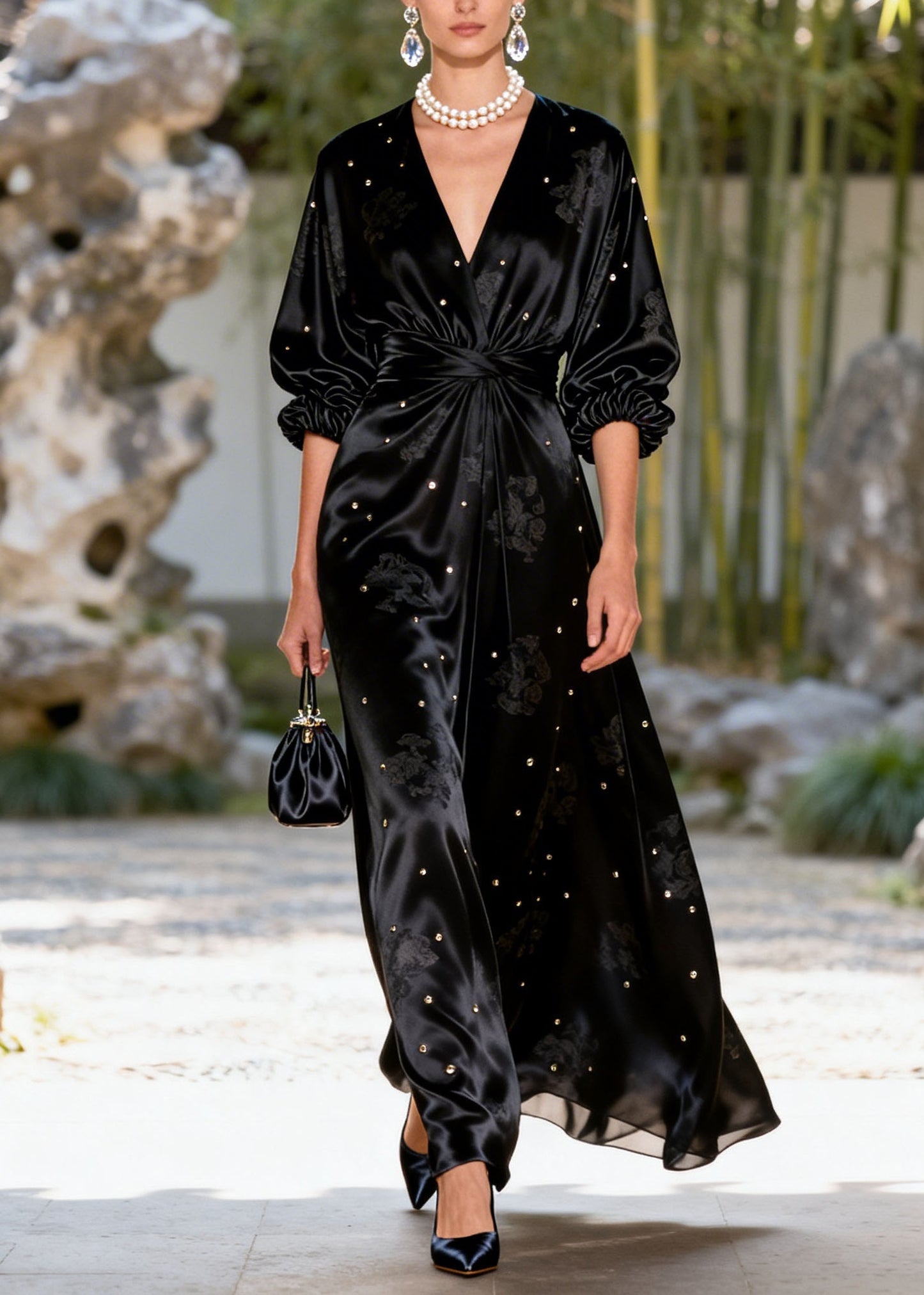Women Black V Neck Sequins Jacquard Silk Long Dress Summer